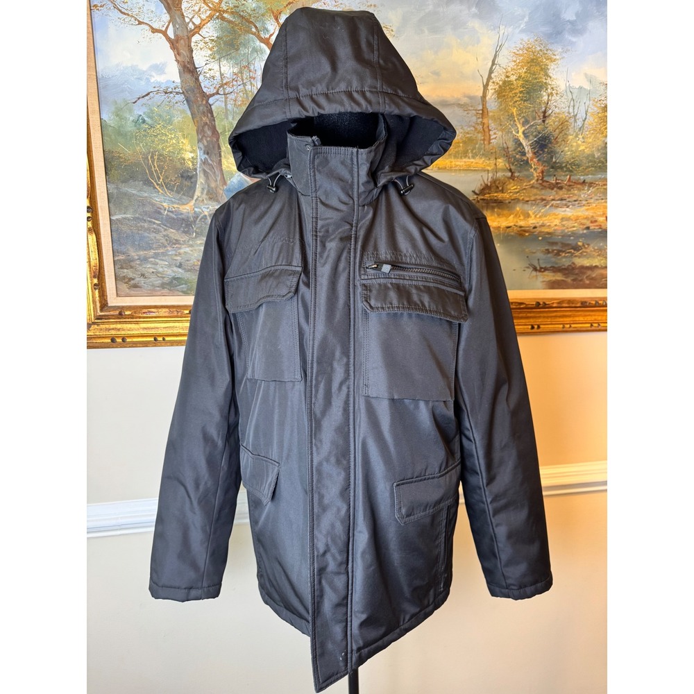 Kenneth Cole Mens Multi-Pocket Field Coat Black Size M Detachable Hood Business